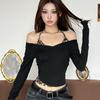 Women's Spring Summer Off Shoulder Long Sleeve Top Leopard Print Halter Fake Two Piece Slim Fit Crop Top