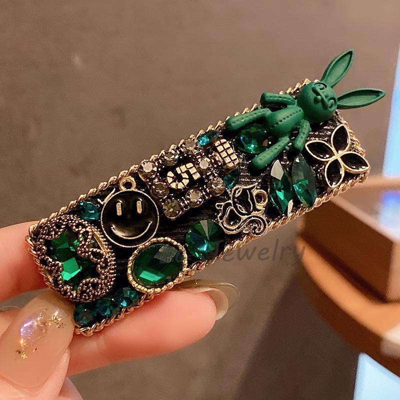 Retro Grün Schwerindustrie Strass Haarspange Herbst und Winter Kleiner Duftiger Stil Mode BB Clip Haaraccessoires Damen