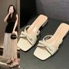Gentle Fairy Wind Cool Slippers Female Summer Wear 2025 New Bow Open-toed Sandals Square Head Low-heeled Slippers