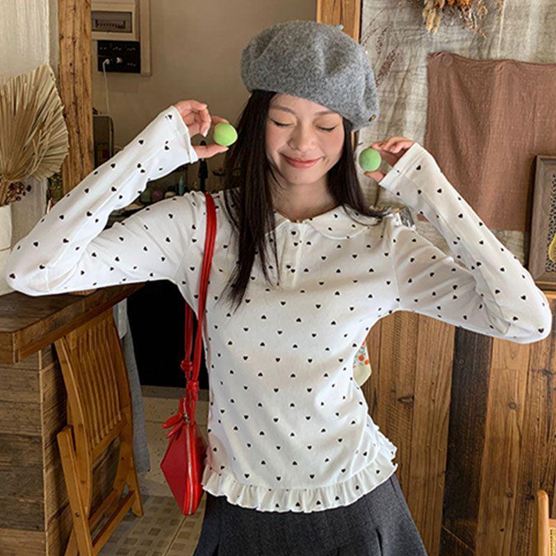 Women's Slim Fit Lace Plush Heart Print Button T-Shirt for Autumn/Winter