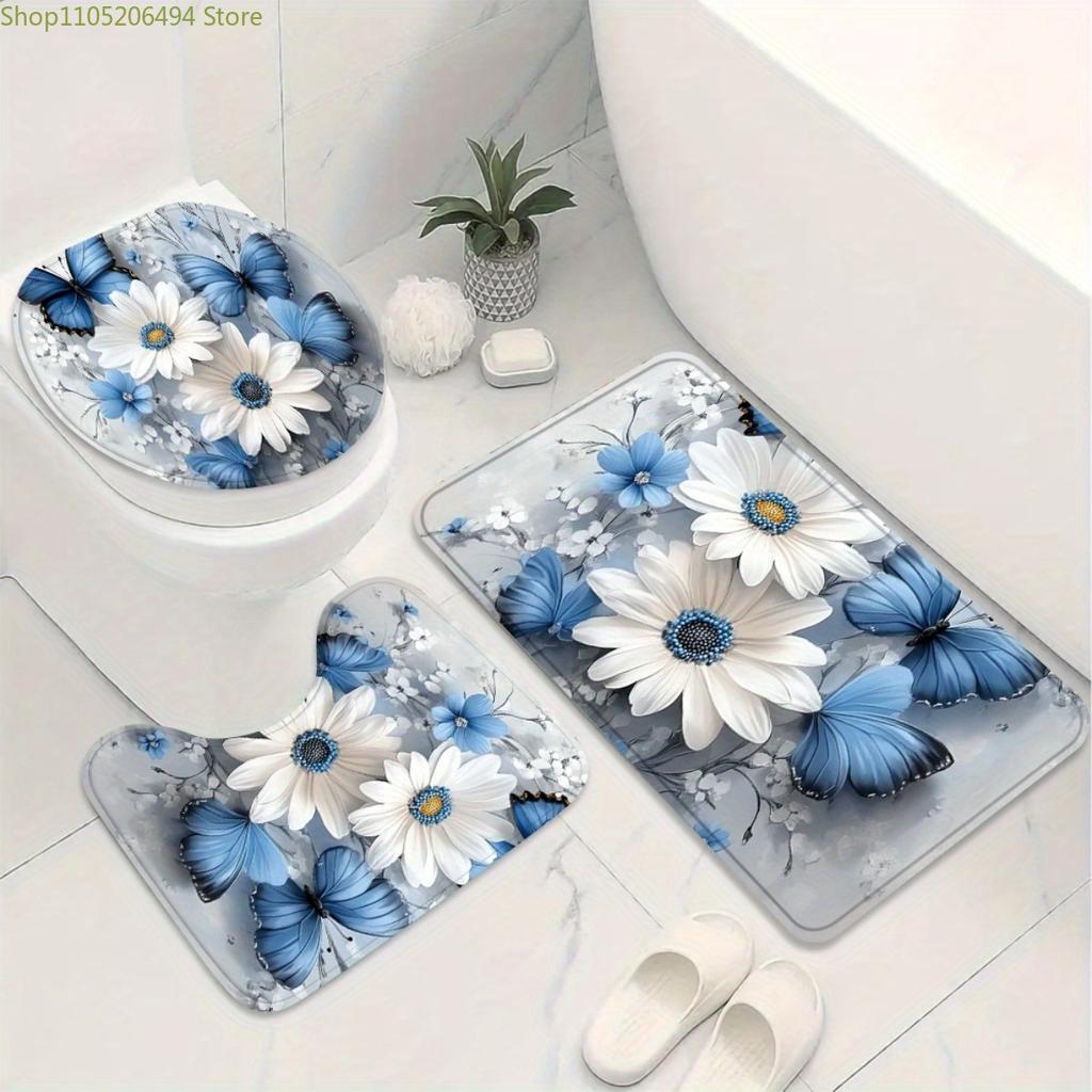 1/3/4pcs, Fashionable and Simple Blue Butterfly and White Flower Bathroom Set - 2D FLAT Shower Curtain, Bath Mat, Toilet Lid C