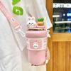 Cute Stainless Steel Water Bottle with Straw and 550ML Rabbit Insulated Bear Water Bottle Leakproof Strap,