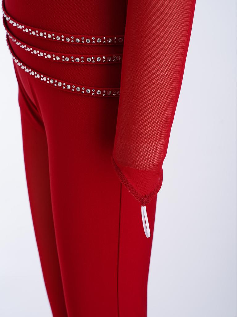 Girls Figure Skating Gymnastics Jumpsuit Asymmetrical Design Back Invisible Zipper Mesh Patchwork Sparkly Rhinestones Bodysuit for Competition