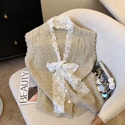 Spitze Schleife Weste Pullover Damen Neu 2025 Herbst Äußere Schicht Pulloverweste