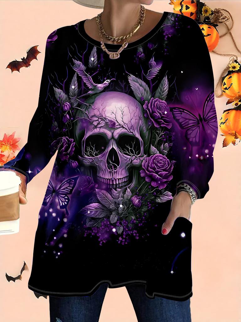 2025 Autumn Winter New Plus Size Women's Tops, Halloween 3D Print Fashion Crew Neck Long Sleeve T-Shirts