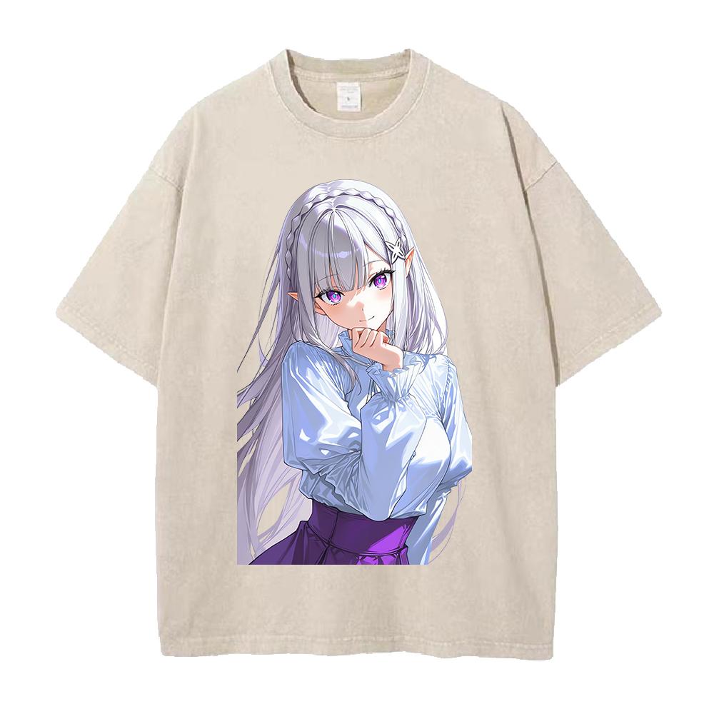 Hot Anime Re ZERO Emilia Kawaii Print T-shirt Men Women Short Sleeve Clothing Cotton Tshirt Retro Washed T Shirt Male Manga Tops