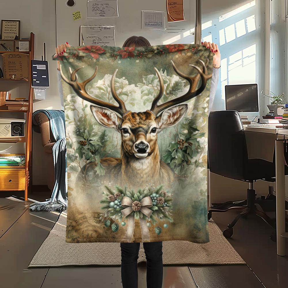 1Pc Deer in Forest Print Flannel Blanket, High quality Comfortable for All Seasons, Home Decor, Warmth and Comfort, Perfect for Gifts