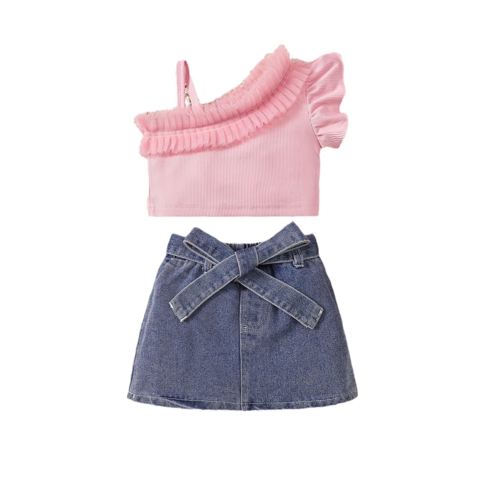 

Повседневный комплект для девочек Летний детский милый сетчатый топ-халтер и джинсовая короткая юбка, комплект из двух предметов 12-18M розовый