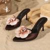 Fashion Elegant Flowers Decorated Brand High Heeled Sandals Women Fashion Pointed Toe Thin Heel Slide Sandals Luxury Banquet Dress Shoes