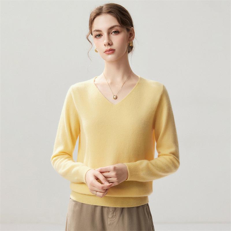Lekasha Women's Cashmere Goat Wool V-Neck Pullover: Autumn/Winter Plain, Solid Color, Loose Fit Base Layer.