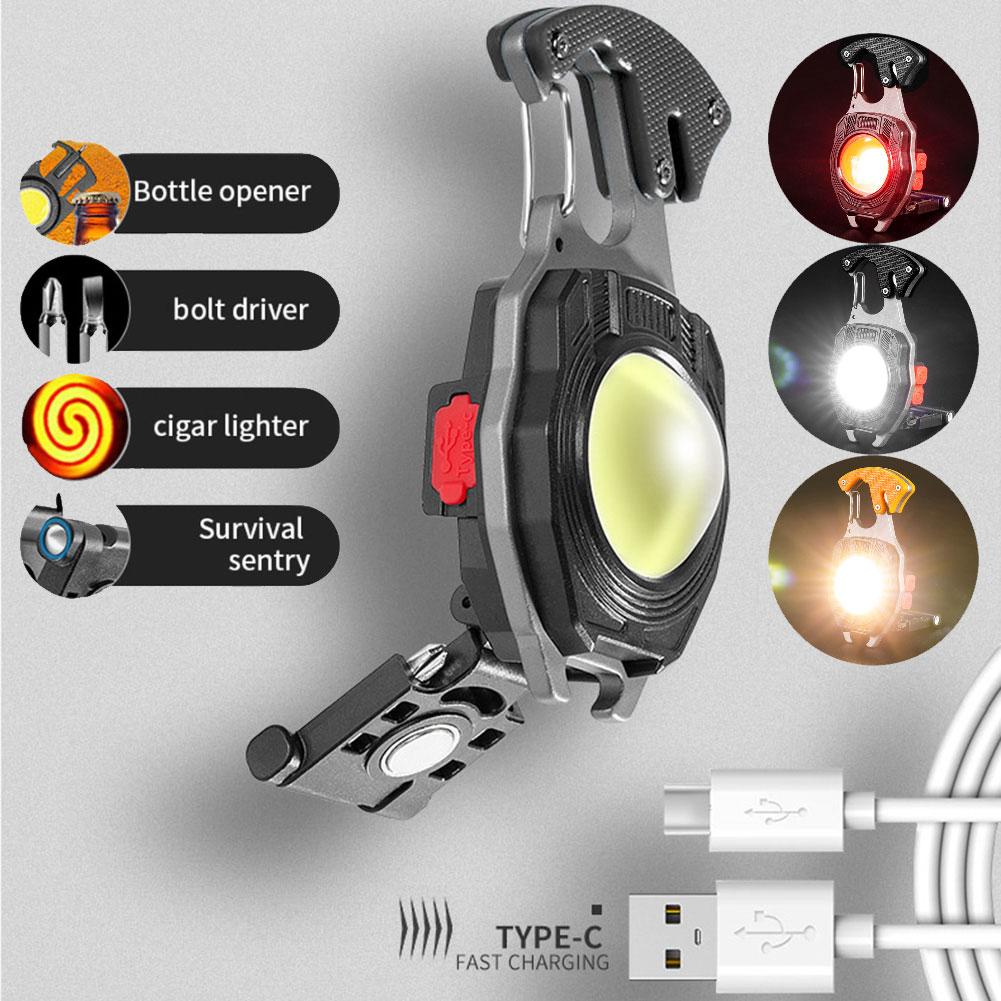 Mini LED Flashlight Work Light Portable Pocket Flashlight Keychains USB Rechargeable for Outdoor Camping Small Light Corkscrew