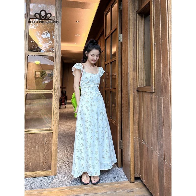 French Pure Lust Vacation Style Floral Backless Waistless Tie Fly Sleeve Long Dress Dress Long Dress Traditional Dress