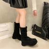 Chunky Platform Thick Sole Woman Mordern Boots Design Round Toe Slip On Shoes Autumn Winter Stretch Slim Short Botas Para Mujer