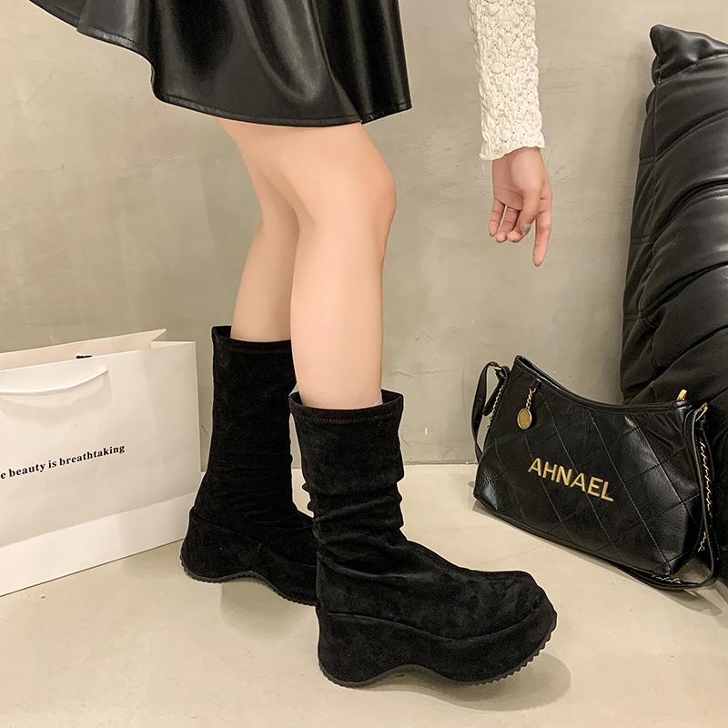 Chunky Platform Thick Sole Woman Mordern Boots Design Round Toe Slip On Shoes Autumn Winter Stretch Slim Short Botas Para Mujer