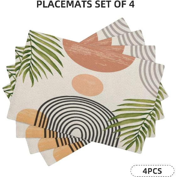Mid Century Placemats Set of 4, Boho Abstact Sunset Leaf Stripe Decorative Table Mat 12 x 18 Inch Heat Resistant Non Slip Line Fabric Summer Place