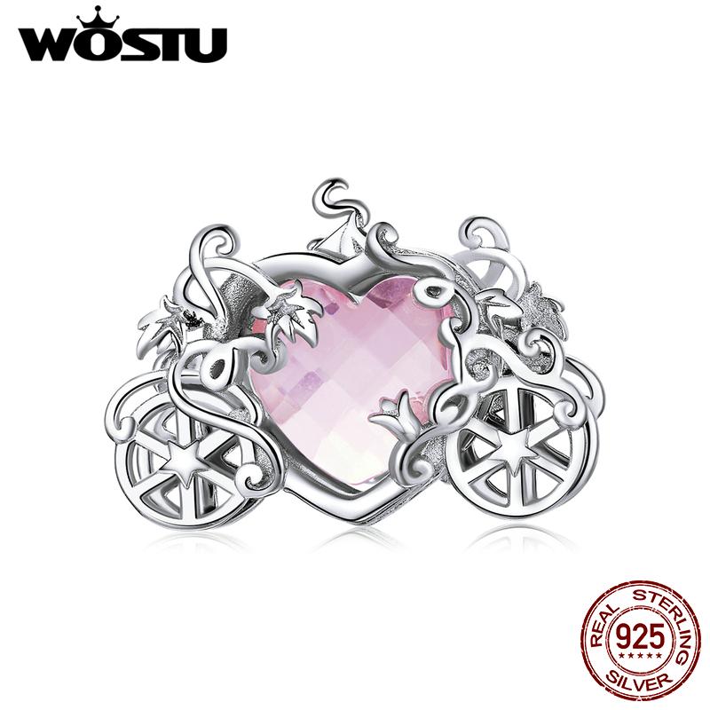 

WOSTU блестящая волшебная карета, стерлинговое серебро 925 пробы, розовое сердце, стекло, кристалл, подвеска, подходит для браслета, цепочки, ожерелья, ювелирные изделия 925 silver