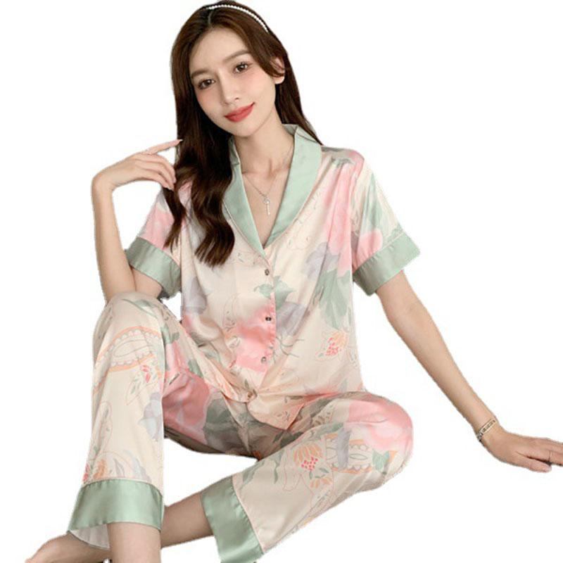 Woman Pijamas Short Sleeve Long Trousers Loose School Home Wear 2PCS Set Lotus Cardigan Lapel Trousers Sleepwear Girl Loungewear