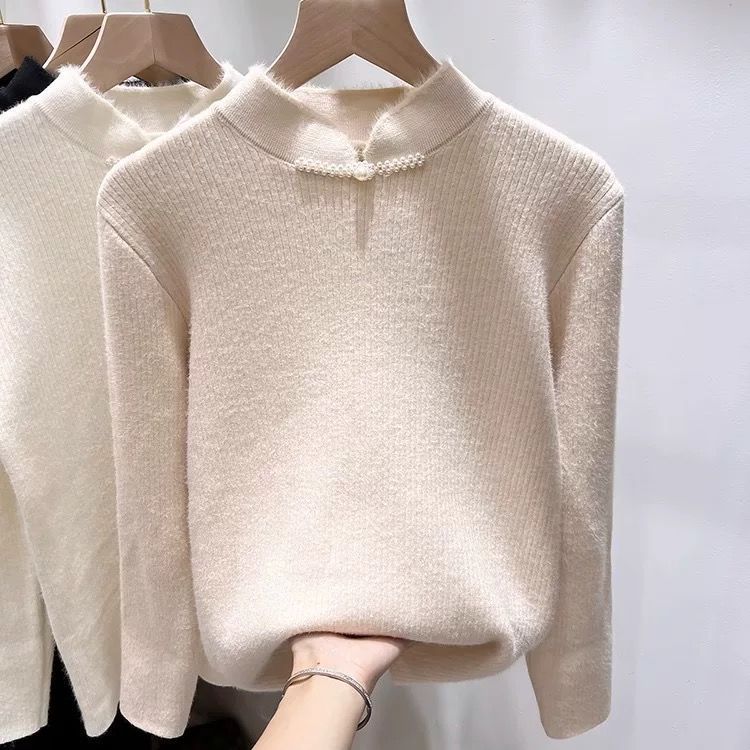 

Цельный бархатный вязаный свитер в китайском стиле с пряжкой для женщин, полувысокий воротник, утолщенный теплый пуловер, повседневный бархатный свитер на осень-зиму XL бежевый