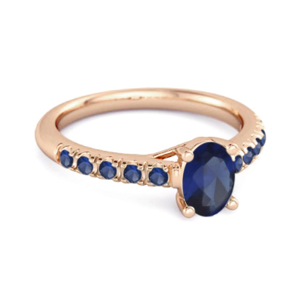 Blue Sapphire Oval Solitaire Accents Ring - 925 Sterling Silver Rose Gold Vermeil