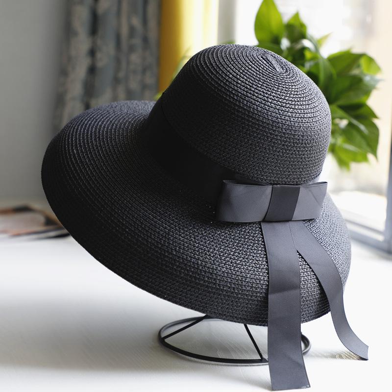 Vintage Hepburn Black Straw Hat Sun Hat Sunscreen Resort Beach Hat Women's Summer Big Eaves Sun Hat
