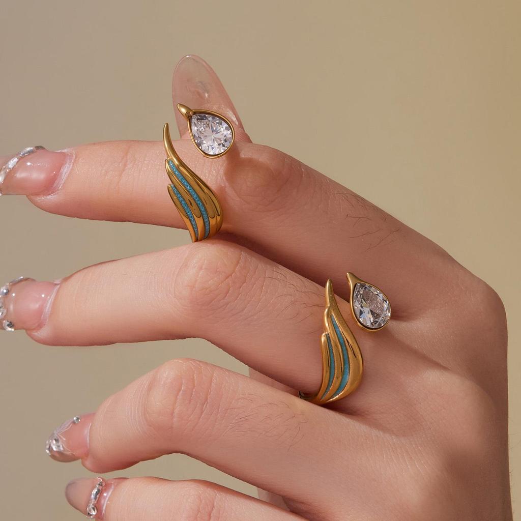 Oumaijia Fashion Stainless Steel Zircon Geometric Enamel Open Ring