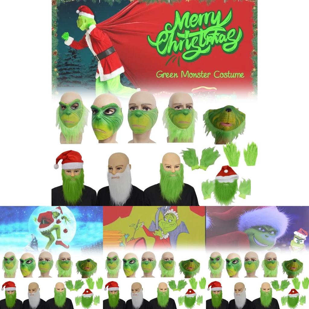 Grinch Half Face Mask With Green Hair And Whimsical Design For Christmas Celebrations