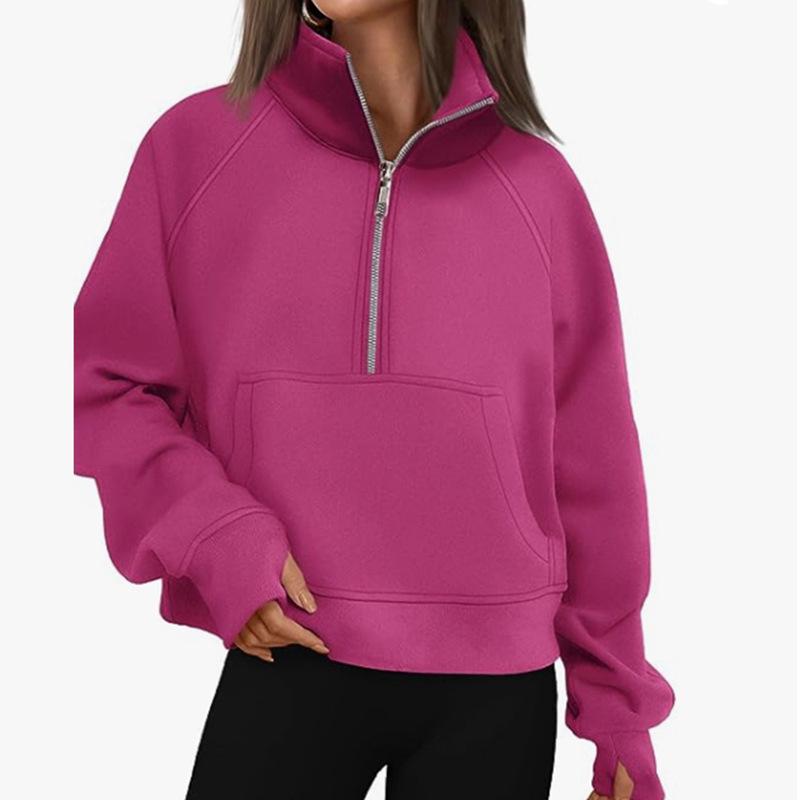 Women's Autumn/Winter Solid Color Half-Zip Cropped Hoodie - European & American Style