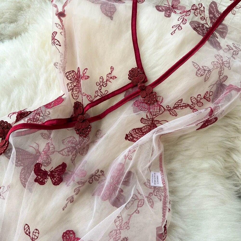 Singerie Mesh Sheer Sexy Nachtkleid Frauen Hollow Out Split Retro Unterwäsche Stickerei Cheongsam Weiblich Schmetterling Muster Erotische Mode Pyjamas 2024