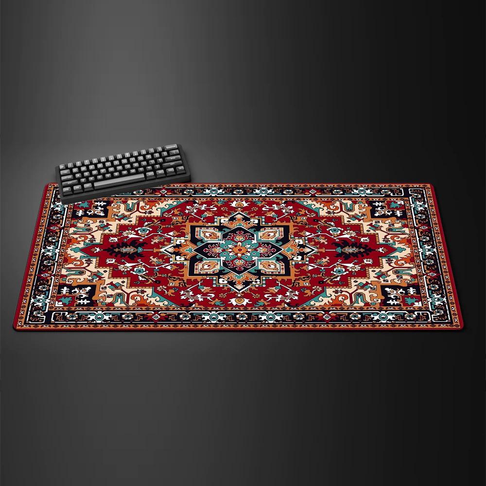 Bohemian Style Large Gaming Mouse Pad Antique Persian Rug Pattern 900x400 Non-Slip Rubber Base Stitched Edges PC Desk Accessory