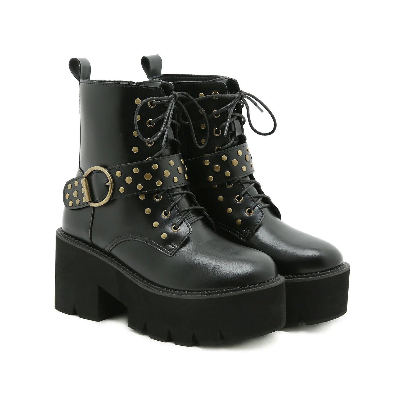 

Сапоги на каблуке 8 см, осенние новые винтажные короткие ботинки с пряжкой ремня в европейском и американском стиле, заклепки с толстой нижней боковой молнией, Lhx 43 чёрный