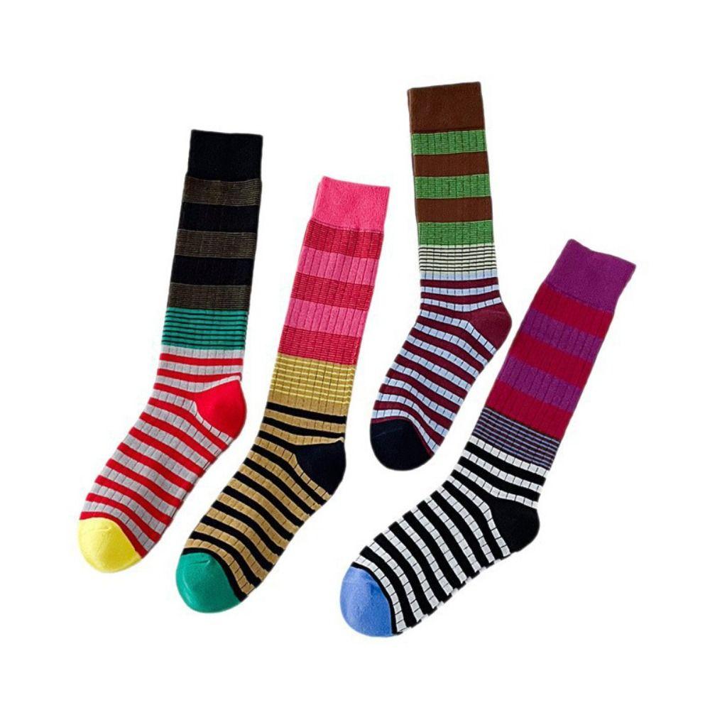 4pairs Patchwork Colorful Striped Calf Socks Japanese Style Retro Pile Socks  Girl