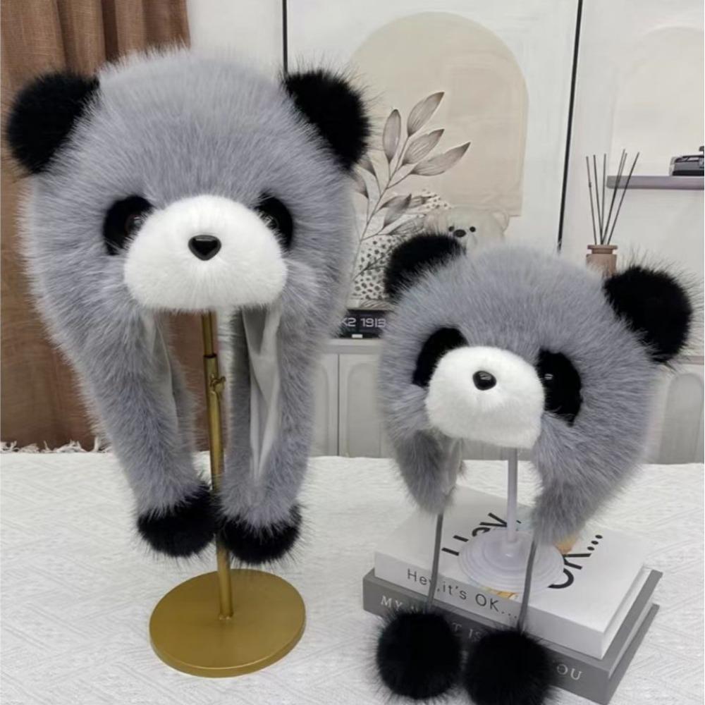 Parent-child Autumn and Winter Cute Plush Panda Hat Thick Warm Large Head Circumference Imitation Fox Fur Pullover Hat Earmuffs Hat