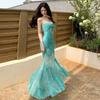 Summer French Elegant Light Green Vintage Printed Mesh Suspender Dress Waist Wrap Hips Mopping Floor Long Dress