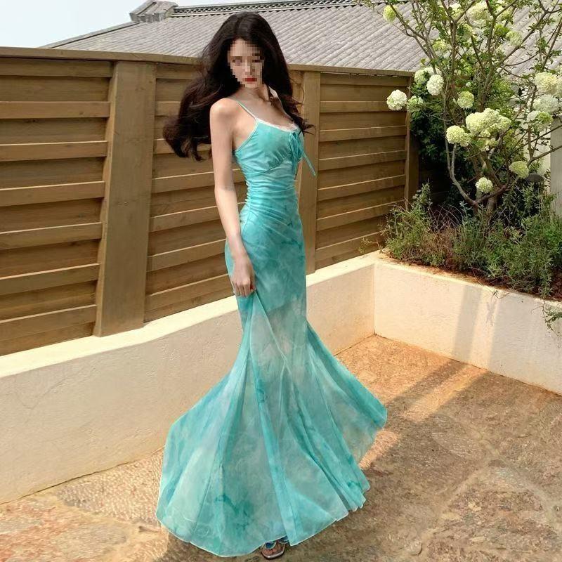 Summer French Elegant Light Green Vintage Printed Mesh Suspender Dress Waist Wrap Hips Mopping Floor Long Dress