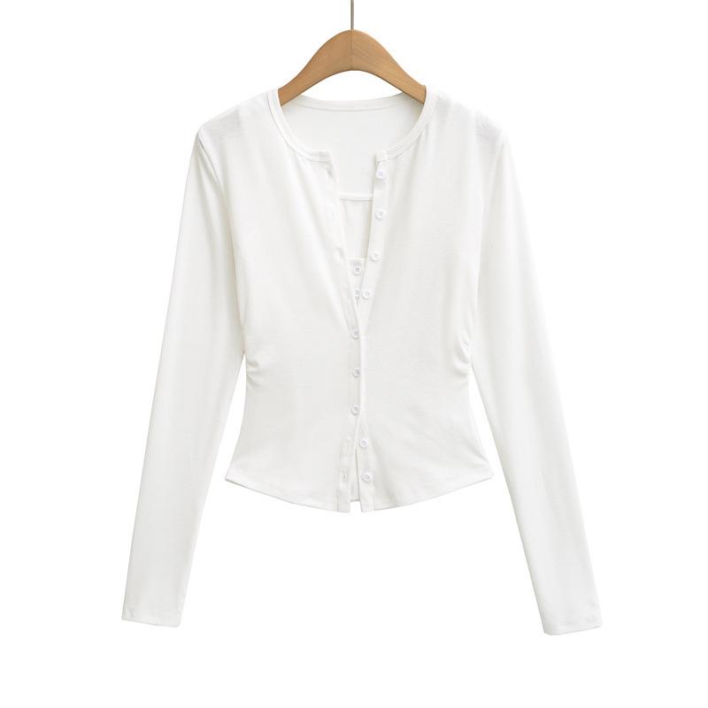 Women's Slim-Fit Korean Style Waist-Cinching Long-Sleeve Cardigan and Sheer Vest Set