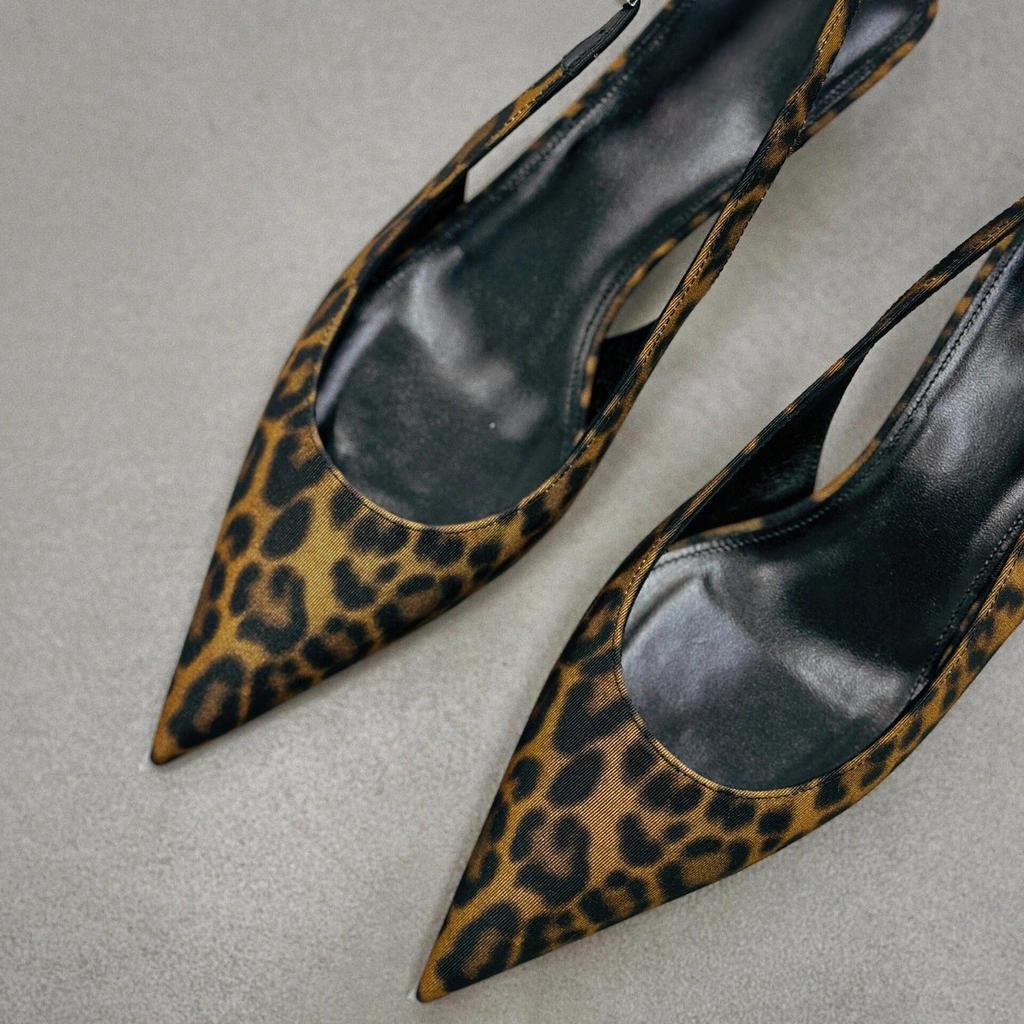 Cowhide Version~ Foreign Leather Leopard Print Shoes Bag Head High Heel Sandals Women's Pointed Head High Heels French Small Sandals Sandals