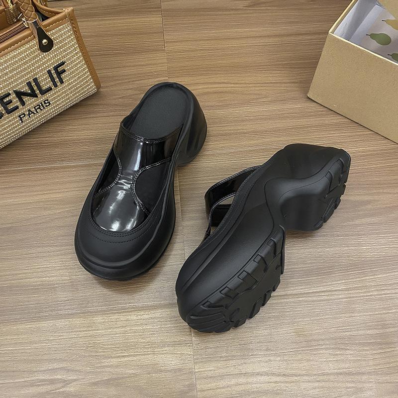 Baotou half slippers for women to wear spring and summer new soft leather thick-soled casual height increase lazy pedal cool slippers