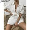 BITCED Damen Frühling und Sommer Mode Einfarbig Langarmhemd Anzug Damen Lässig Locker Shorts Zweiteiliges Set