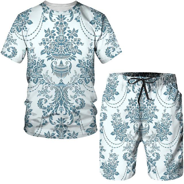 Imprimare 3D cu model vintage pentru bărbați Set de tricouri cu mânecă scurtă de vară + pantaloni scurți pentru bărbați 2 buc ținută de cuplu Costum elegant hipster de streetwear
