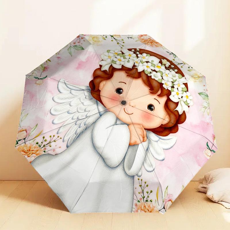 1pc Angel Flowers Automatic Folding Umbrella, Heavy Duty 8 Rib Iron Frame,  Suitable for Travel, Daily Use, Birthday, Decor Gift m0104018