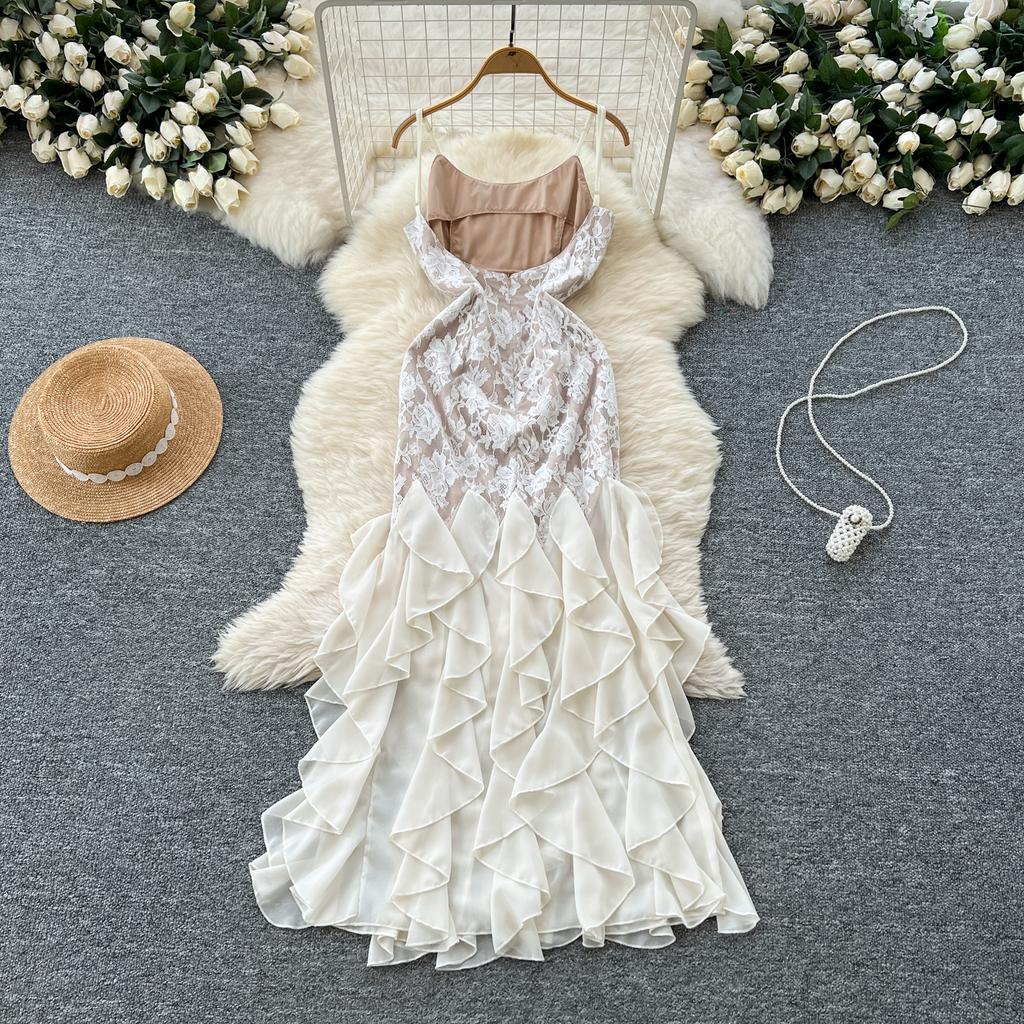 Summer Women Elegant Spaghetti Strap Open Back Lace Long Maxi Party Fishtail Dresses