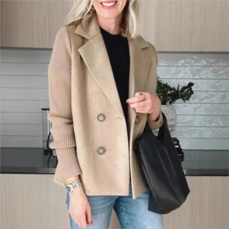 Fall Suit Collar Casual Coat Women Knitted Long Sleeve Tweed Office Jacket Blend Wool Coat Double Breasted Blazer Female Lapel