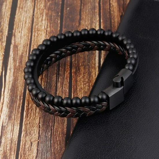 Men's Multi-Layer Leather Bracelet with Natural Volcanic Stone & Titanium Steel