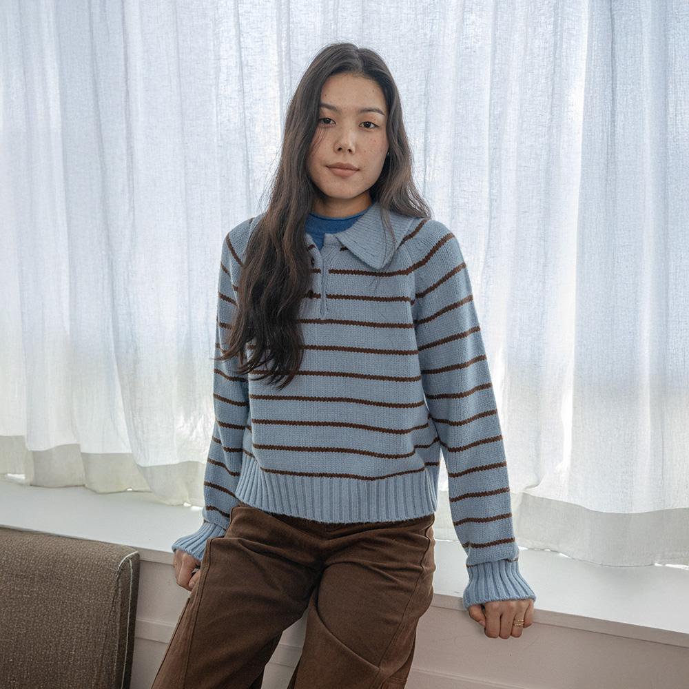 Laengsseon Ls_Lapel Striped Knit Top_Blue