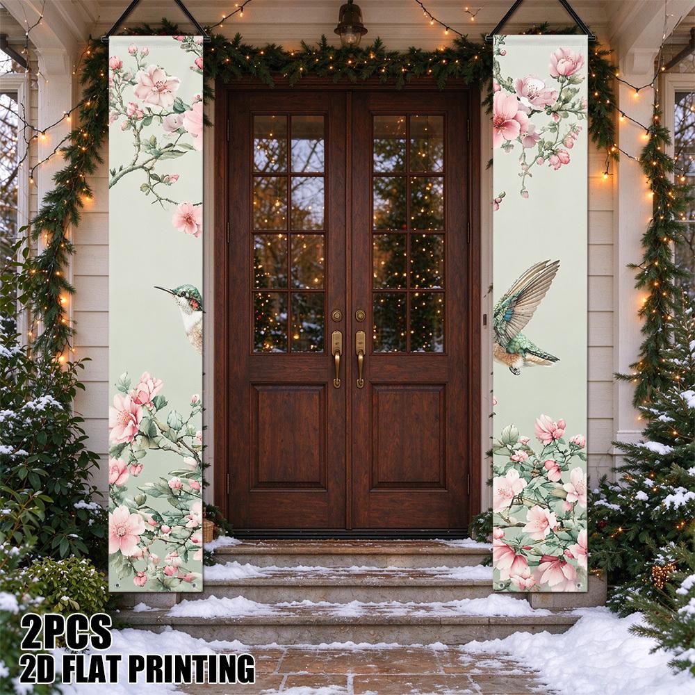 2D Flat, 2D Flat - 2D Flat, 2D Flat - 2D Flat Printing 2pcs Hummingbird Pink Floral Scene Christmas-Themed Party Decoration Couplets, Suitable for New