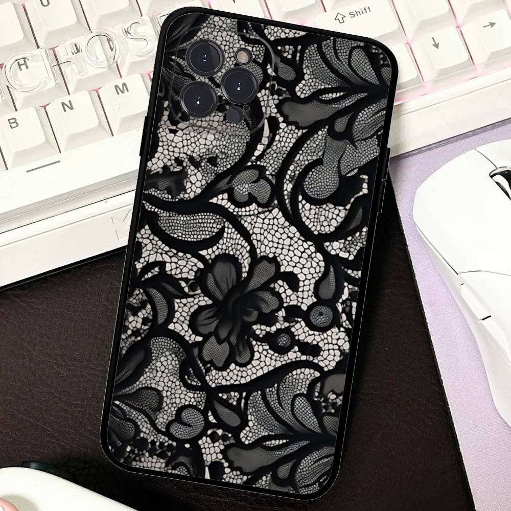 

Lace Pattern For IPhone 17 16 15 14 13 12 11 Pro Max Plus Shockproof Black Soft Phone Cover iPhone 12 pro