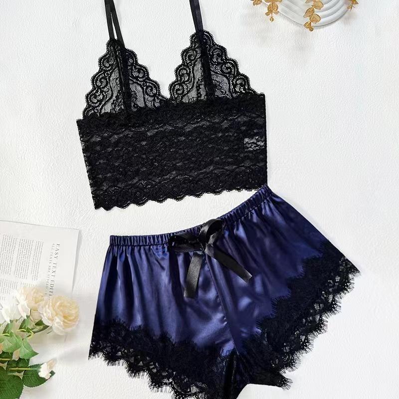 Damen Sexy Spitze Nachtwäsche Spitze Nachtkleid Dessous Ärmellos V-Ausschnitt Babydoll Pyjama Set Dessous Tops Shorts Set Nachtwäsche