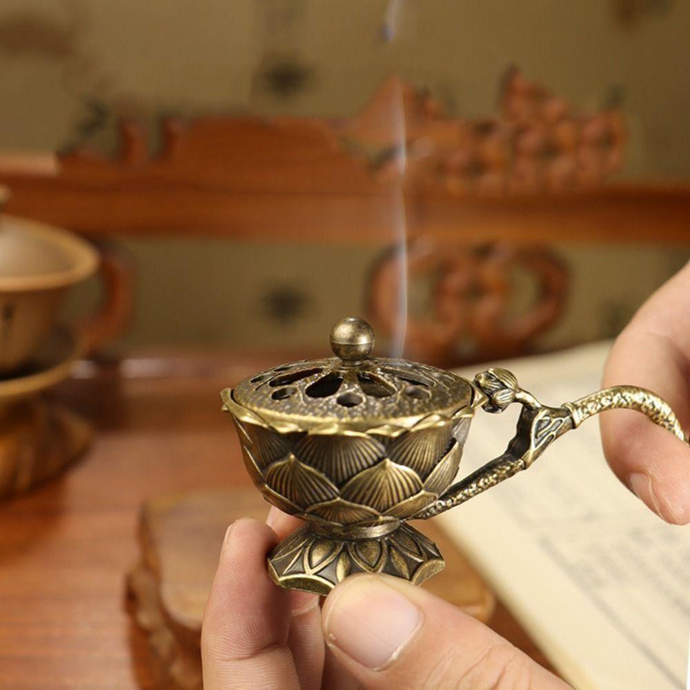 Home Vintage Ornaments Alloy Lotus Hand Stove Small With Cover Brass Incense Holder Retro Copper Hollow Out Incense Burner Patio
