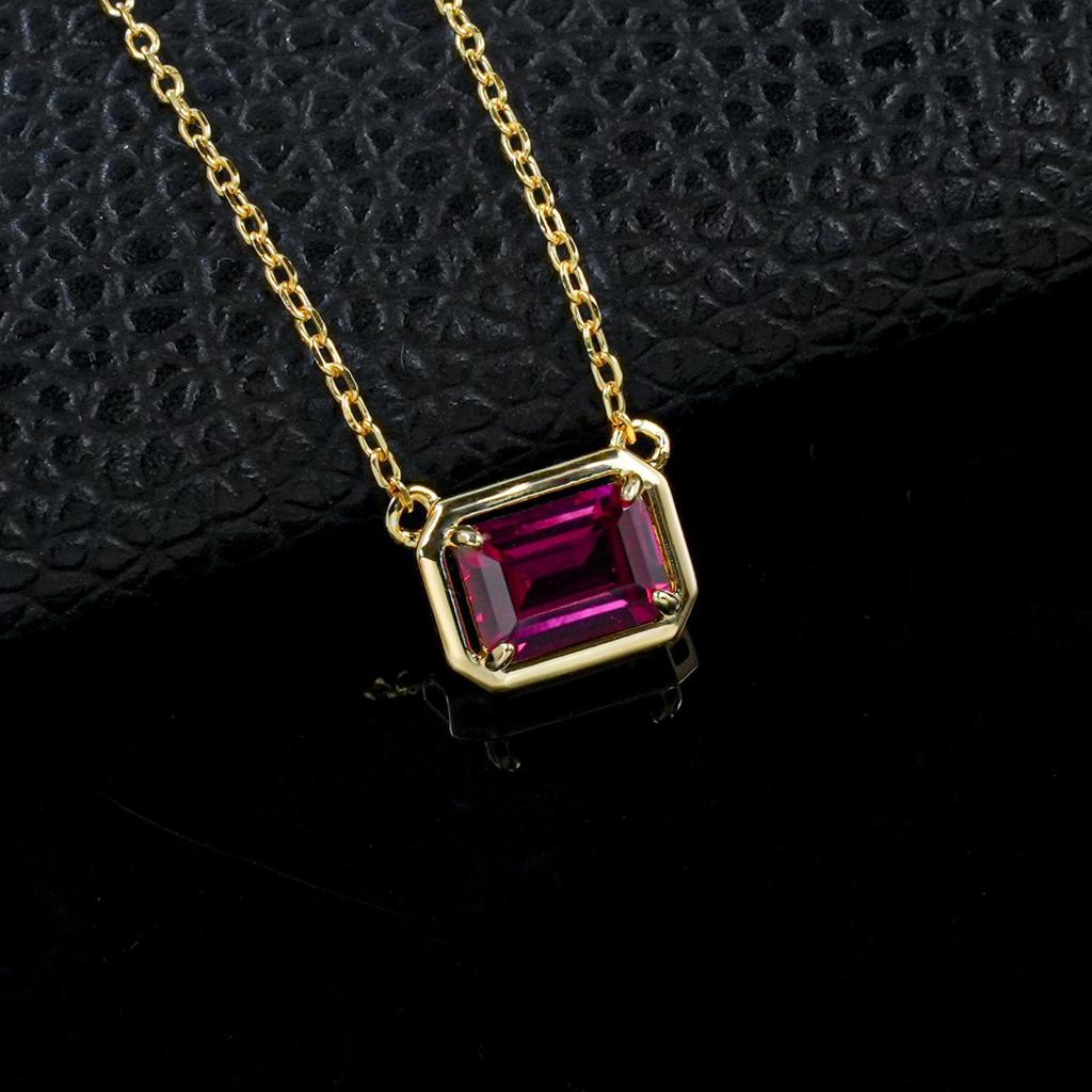 Women's Minimalist S925 Sterling Silver Necklace with Rectangular Cultured Emerald in Square Frame and Four-Claw Setting