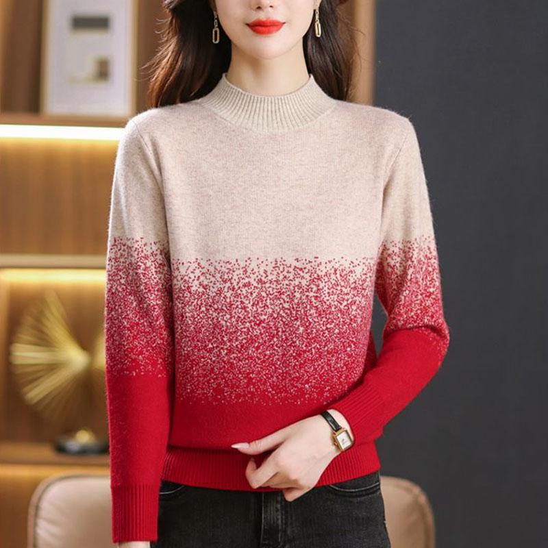 Women's Crew Neck Sweater Autumn and Winter Gradient Knit Pullover Loose Thick Knit Top